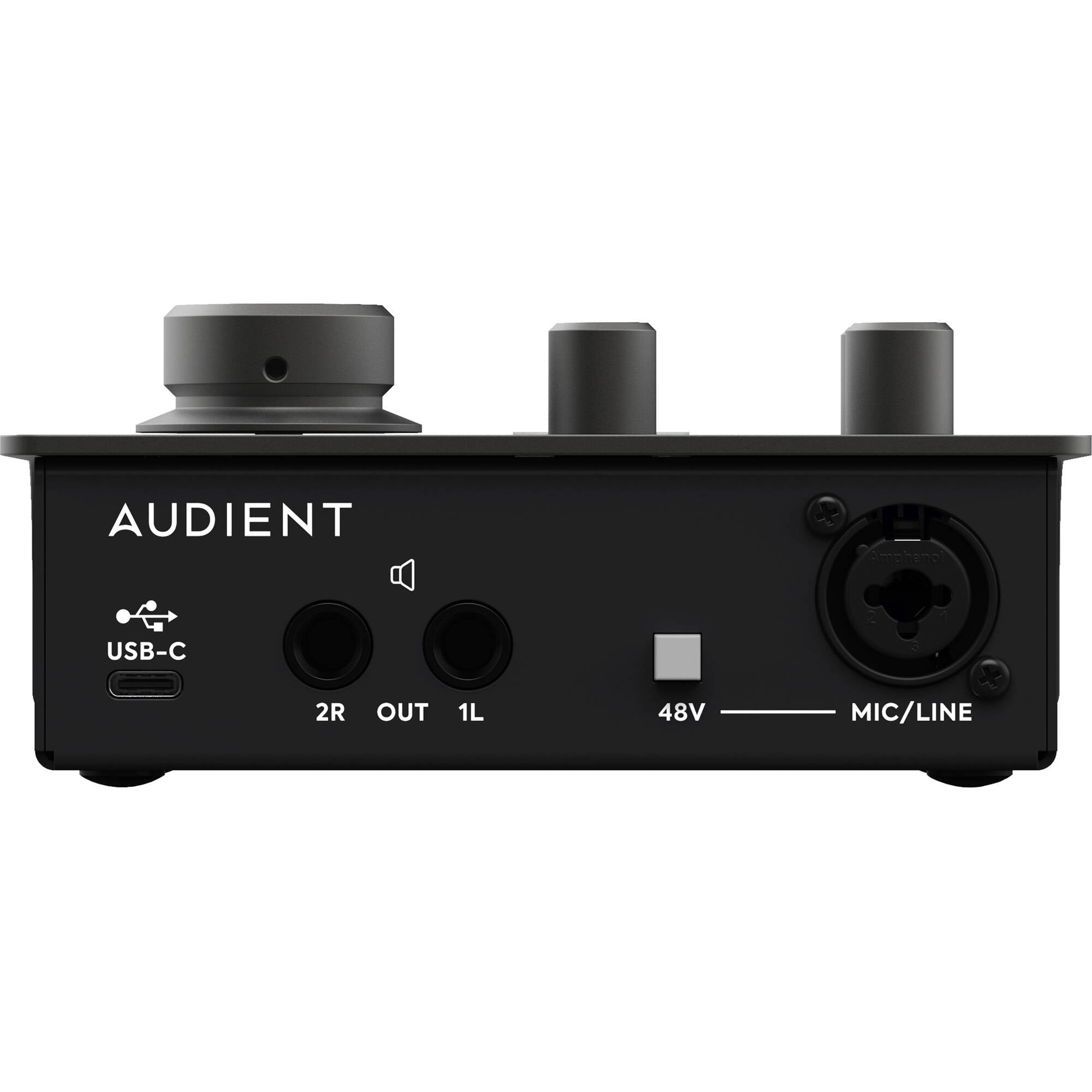 Audient iD4 MK2 audio interface with input and output jacks, compact design, and professional audio controls.
