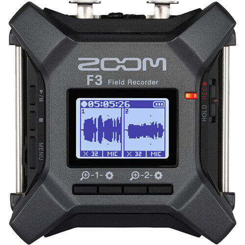 Zoom F3 digital recorder with multiple input ports and compact design, ideal for professional audio recording.