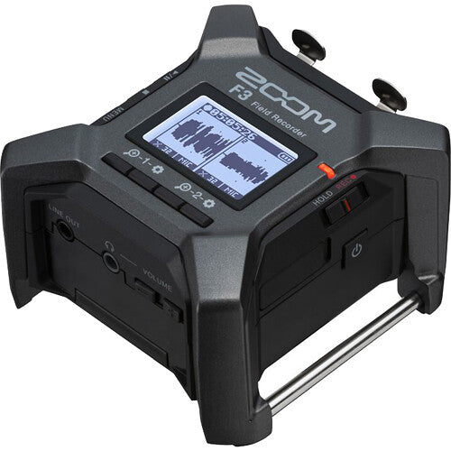 Zoom F3 digital recorder with multiple input ports and compact design, ideal for professional audio recording and field use.