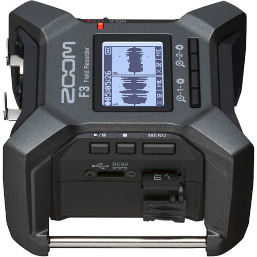Zoom F3 digital recorder with multiple input ports and compact design, ideal for high-quality audio recording.