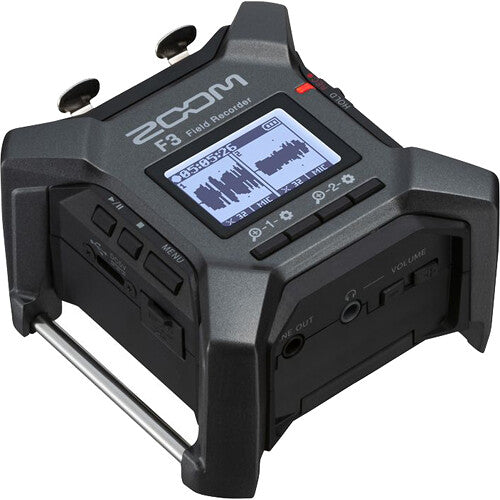 Zoom F3 digital recorder with multiple input ports and compact design, ideal for professional audio recording.