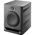 Focal Alpha 80 Evo active nearfield monitors with black finish, showing their front view with speaker cones and control panel.