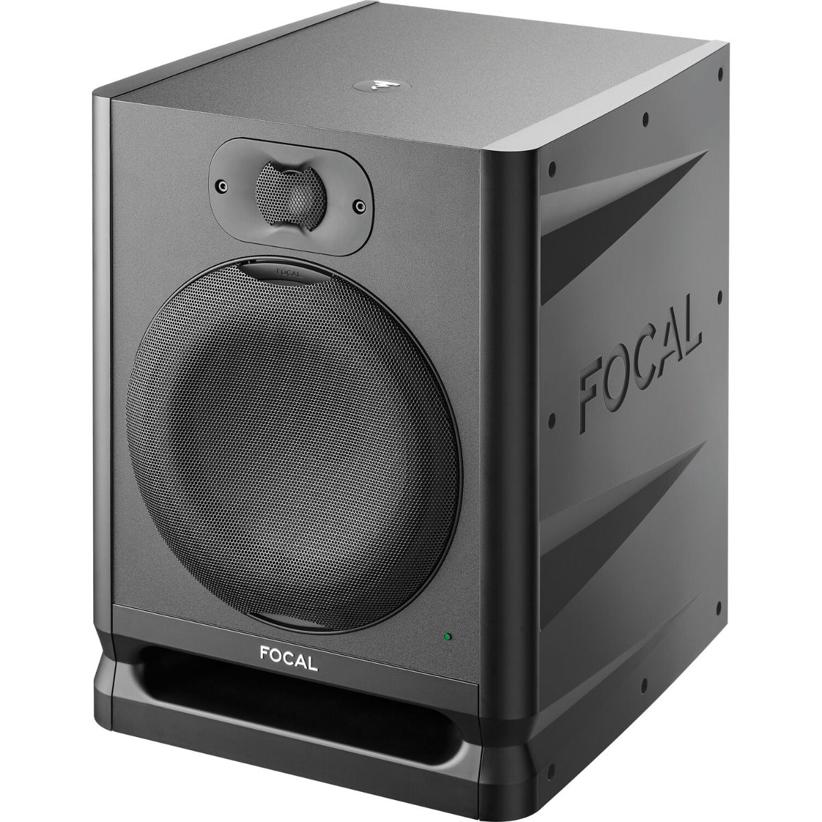 Focal Alpha 80 Evo active nearfield monitors with black finish, showing their front view with speaker cones and control panel.