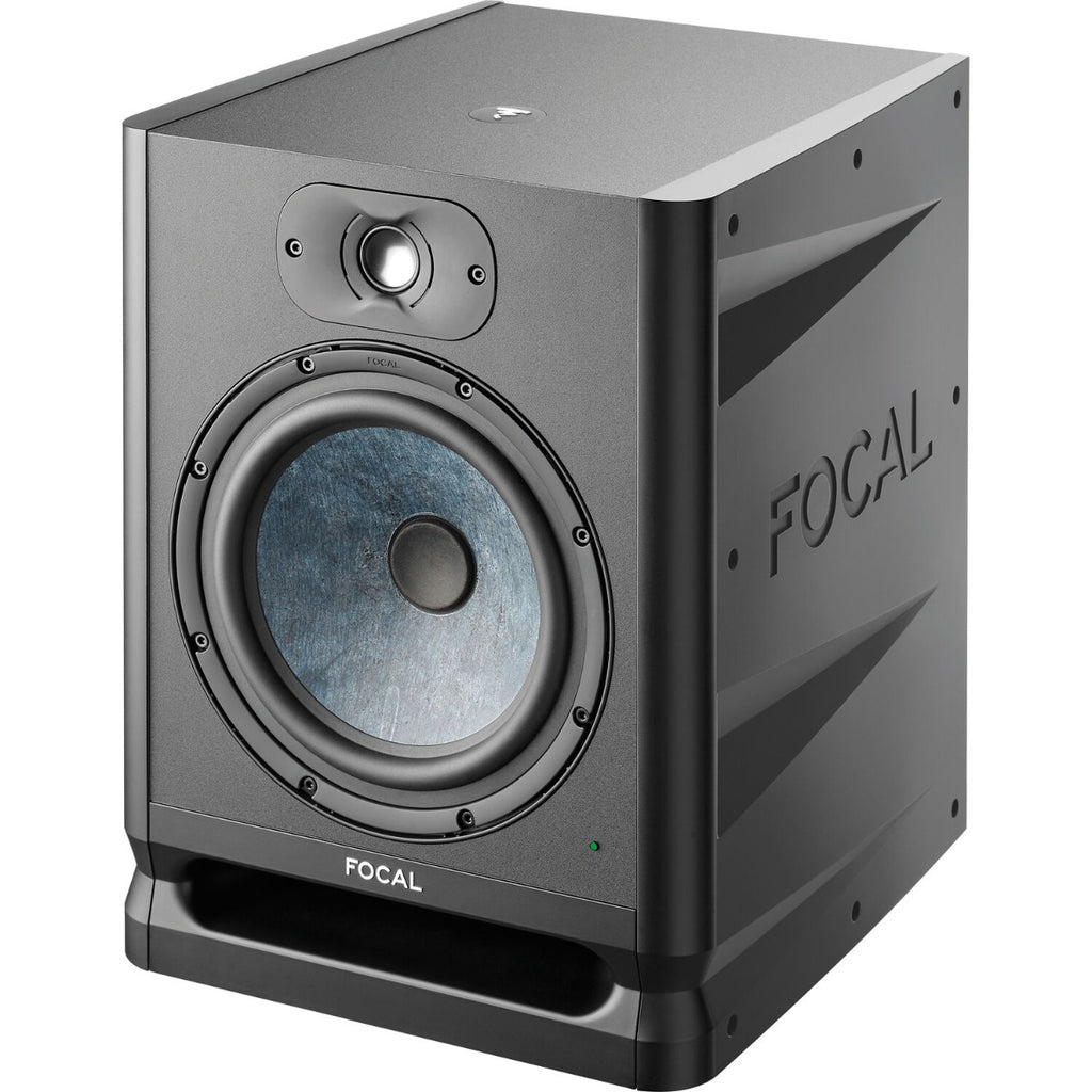 Focal Alpha 80 Evo active nearfield monitor speaker with black finish and front grille, designed for accurate studio audio.