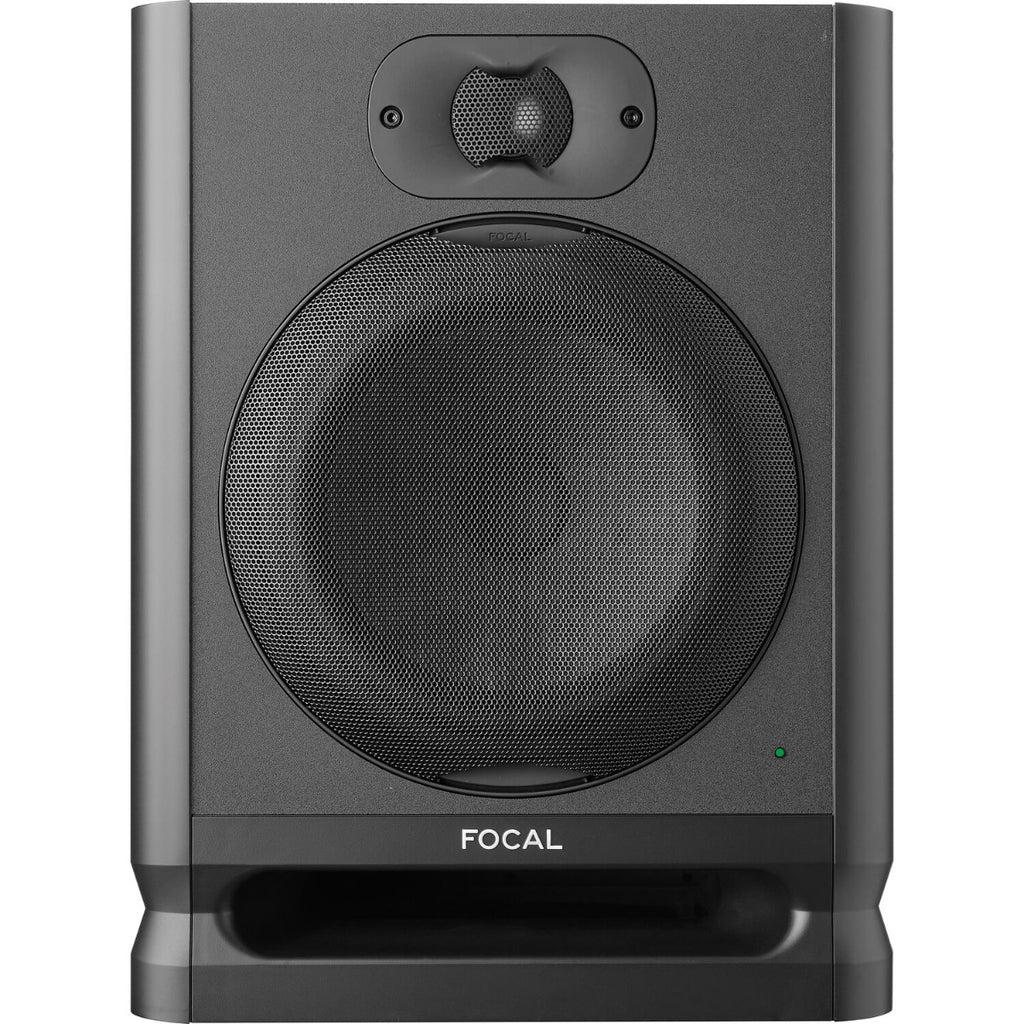 Focal Alpha 80 Evo active nearfield monitor speaker showing front view with control panel and grille design