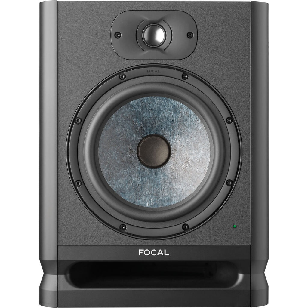 Focal Alpha 80 Evo active nearfield monitor speaker with black finish and front grille for studio audio monitoring.