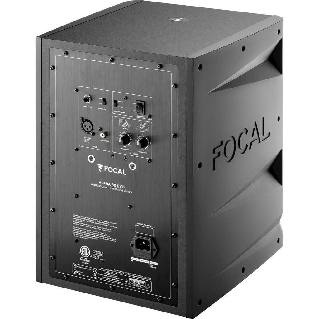 Focal Alpha 80 Evo active nearfield monitor speaker with black finish and control panel on the front.