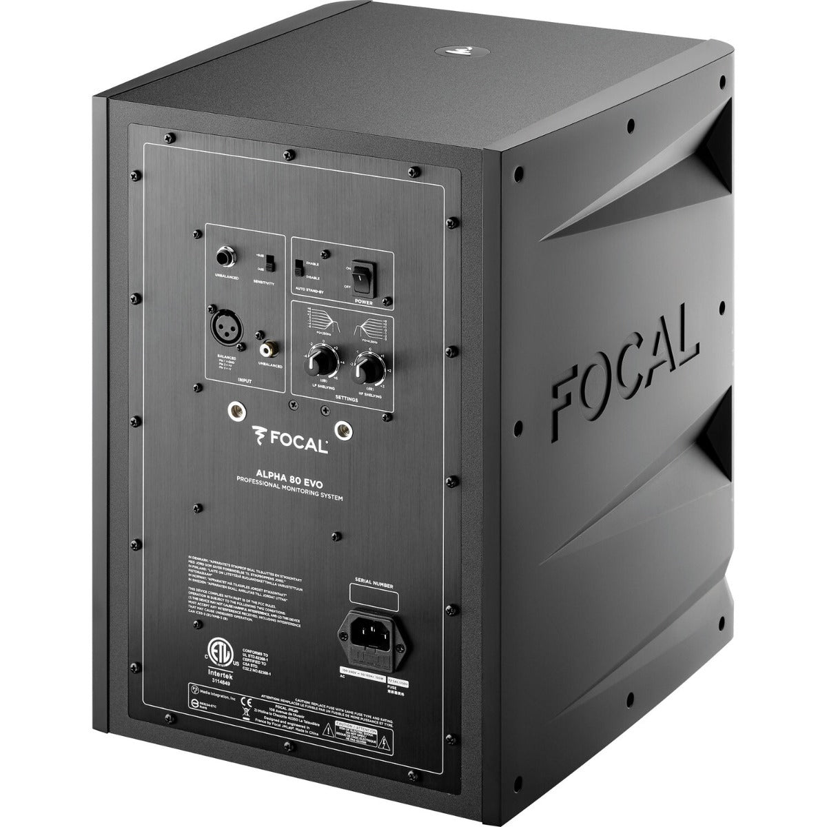 Focal Alpha 80 Evo active nearfield monitor speaker with black finish and control panel on the front.