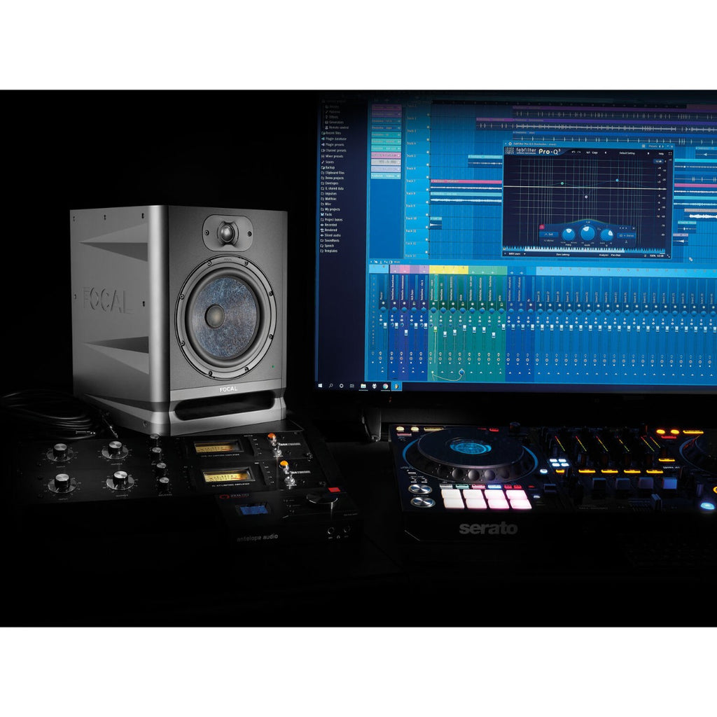 Focal Alpha 80 Evo active nearfield monitor speaker, black finish, showcasing front view with controls and grille.