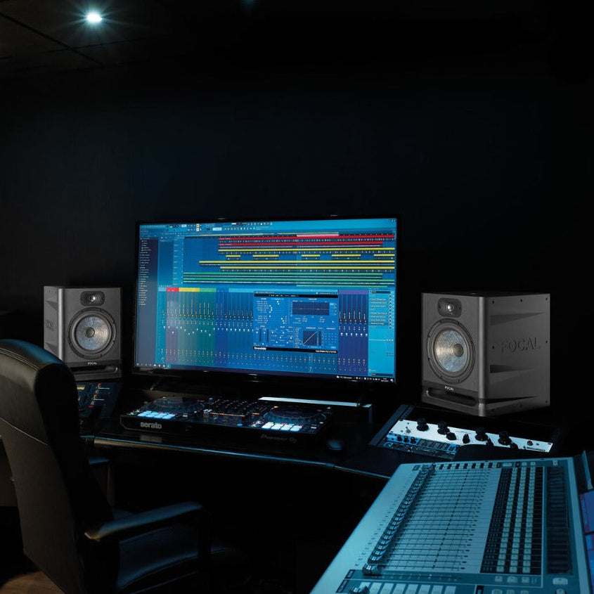 Focal Alpha 80 Evo active nearfield monitor speaker with black enclosure and control knobs on the front panel.