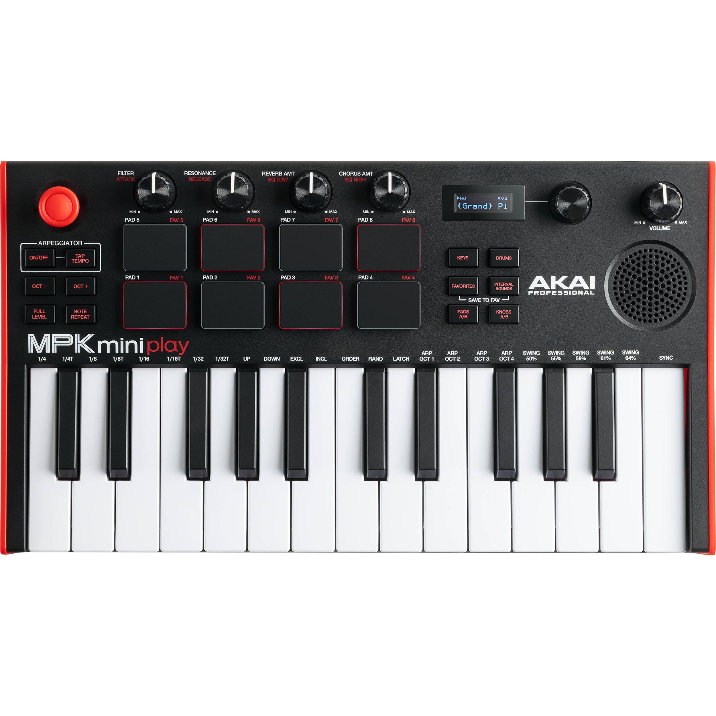Akai Professional MPK Mini Play MK3 MIDI keyboard with built-in keys, knobs, and drum pads for music production and performance.