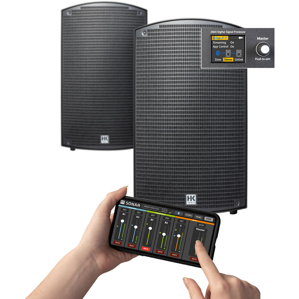 HK Audio SONAR 110 Xi active loudspeaker with a sleek black finish and sturdy build, ideal for professional sound reinforcement.