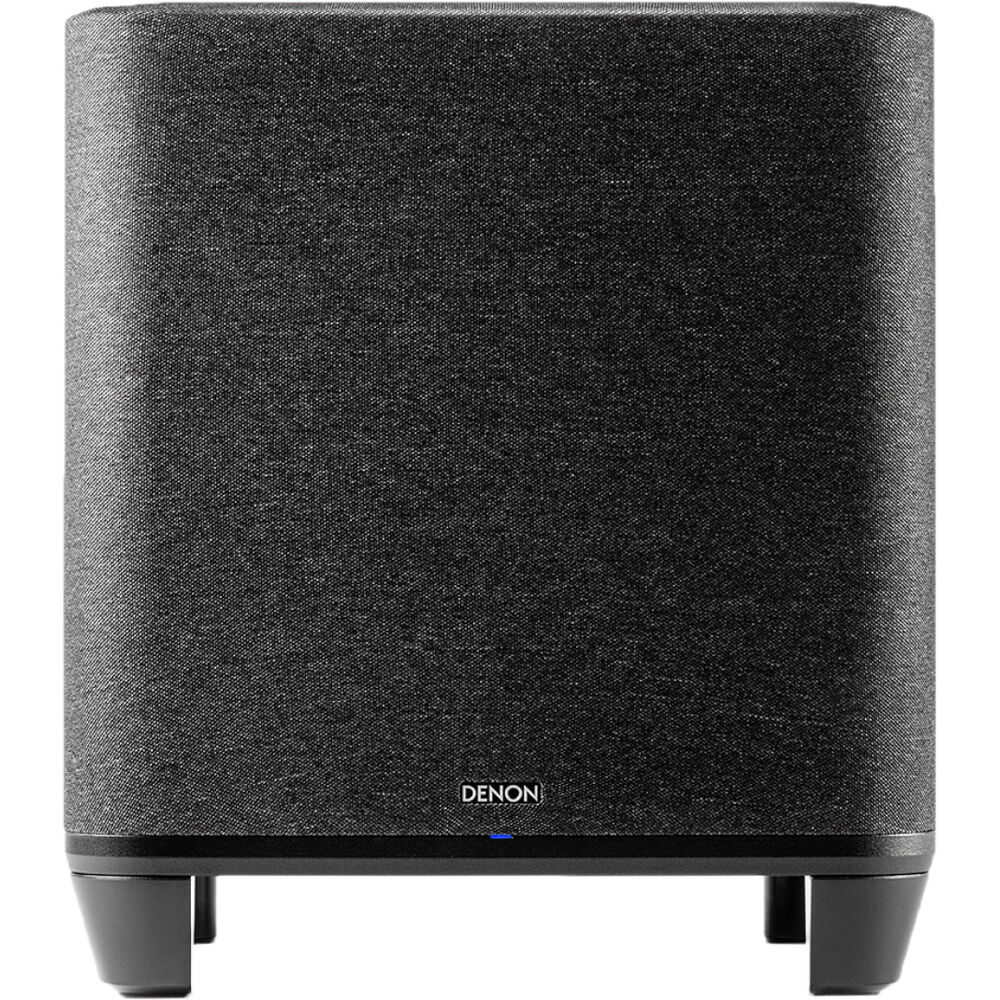 Denon Home Subwoofer with sleek black design and control panel, delivering deep bass for home audio systems.