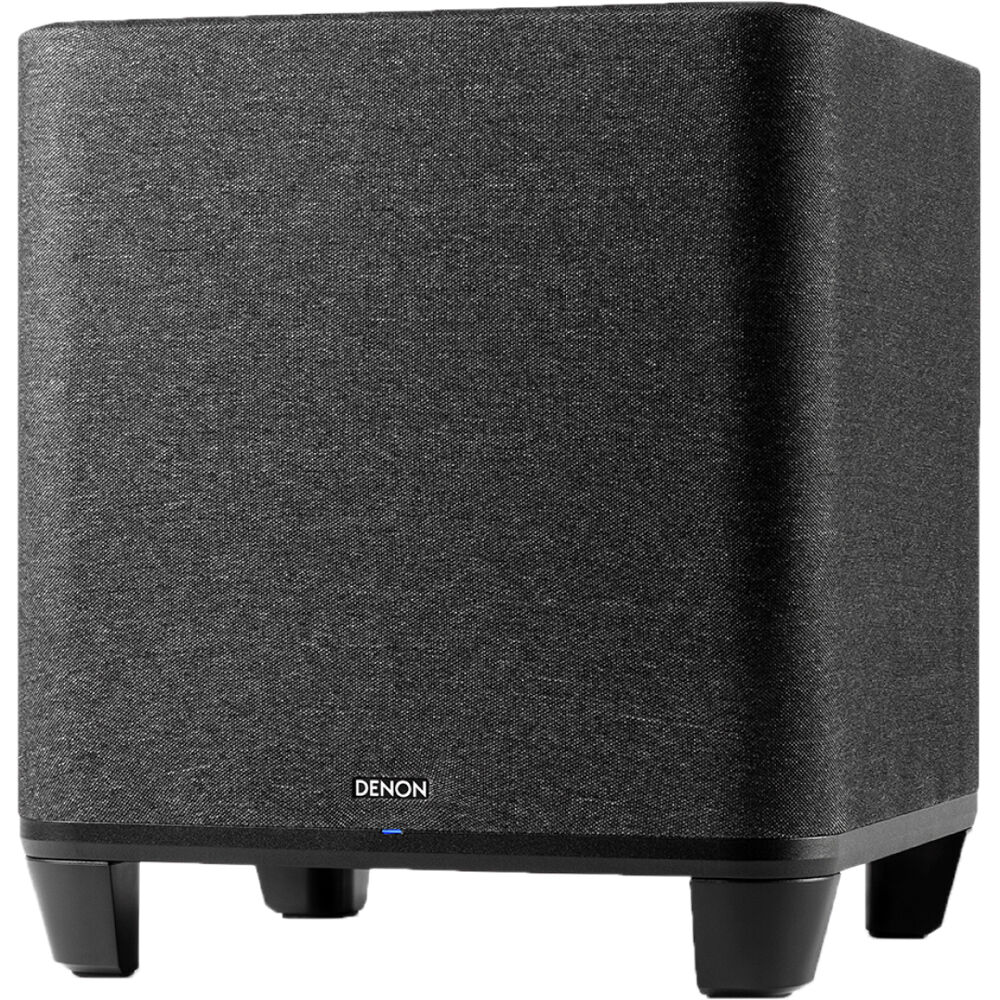 Denon Home Subwoofer with sleek black design, featuring a circular speaker grille and control panel for enhanced audio bass.
