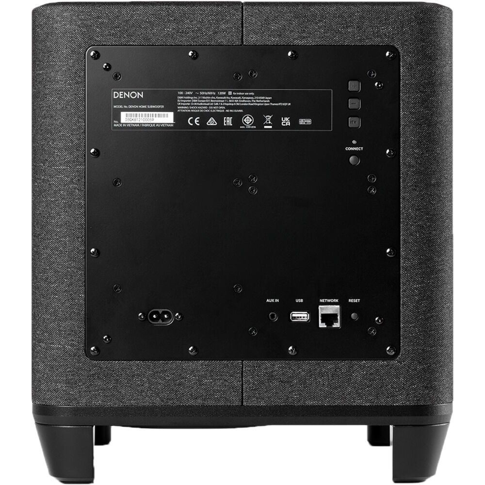 Denon Home Subwoofer showing a sleek black design with ports and control buttons on the front panel.