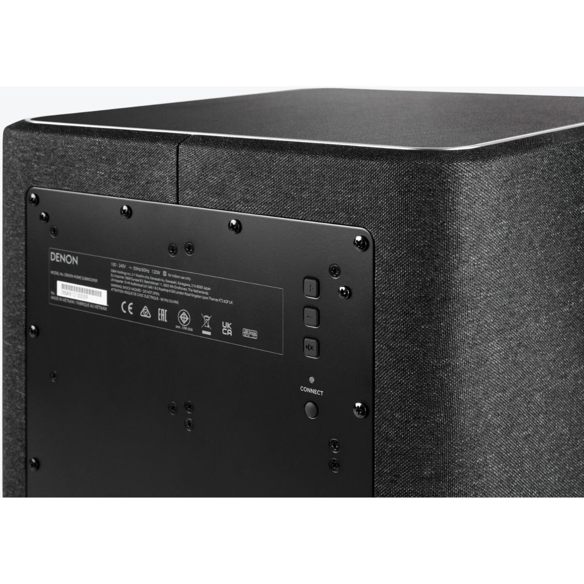 Denon Home Subwoofer showing sleek black design with speaker grille and control panel, ideal for home audio systems