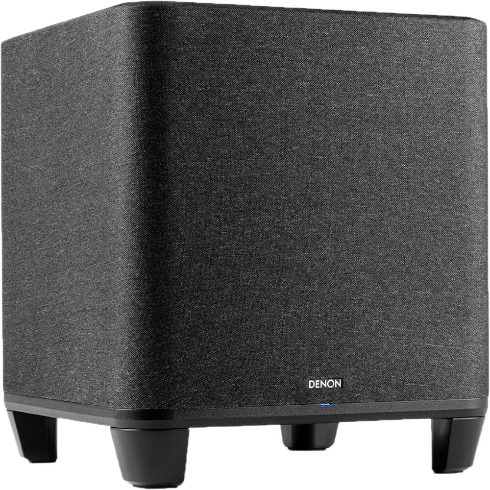 Denon Home subwoofer with sleek black enclosure, designed for deep bass and high-quality sound in home audio systems.