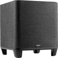 Denon Home subwoofer with sleek black enclosure, designed for deep bass and high-quality sound in home audio systems.
