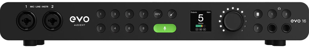 Audient EVO 16 audio interface with multiple input and output ports, compact design, and professional-grade controls.
