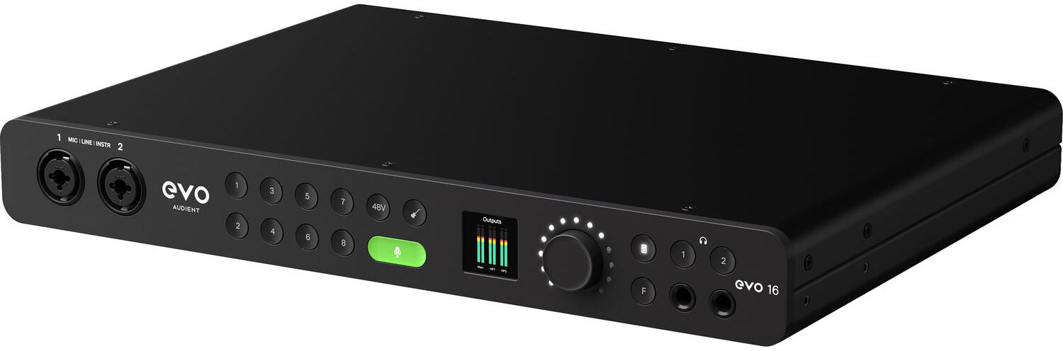 Audient EVO 16 audio interface with multiple input and output ports, featuring a sleek black design and control knobs.