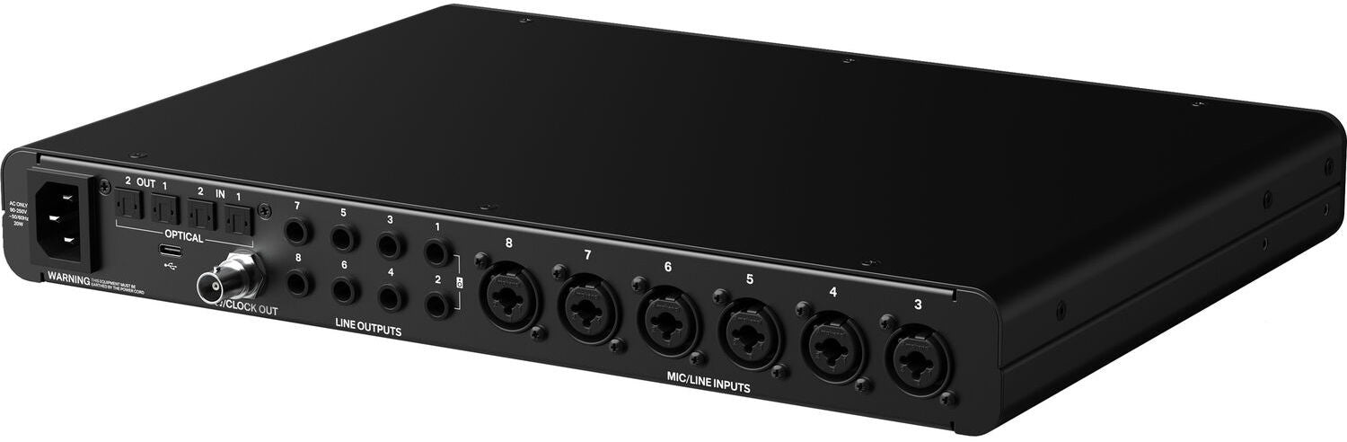 Audient EVO 16 audio interface with multiple input/output ports and sleek design, used for professional recording and sound mixing.