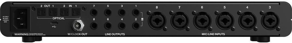 Audient EVO 16 audio interface with multiple input/output ports and control knobs, designed for professional audio recording.