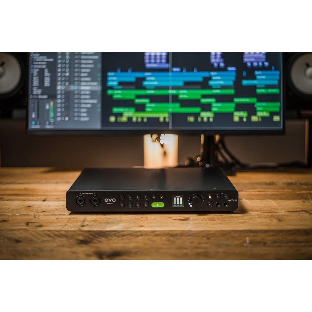 Audient EVO 16 audio interface with multiple input and output ports, compact design, and professional audio controls.