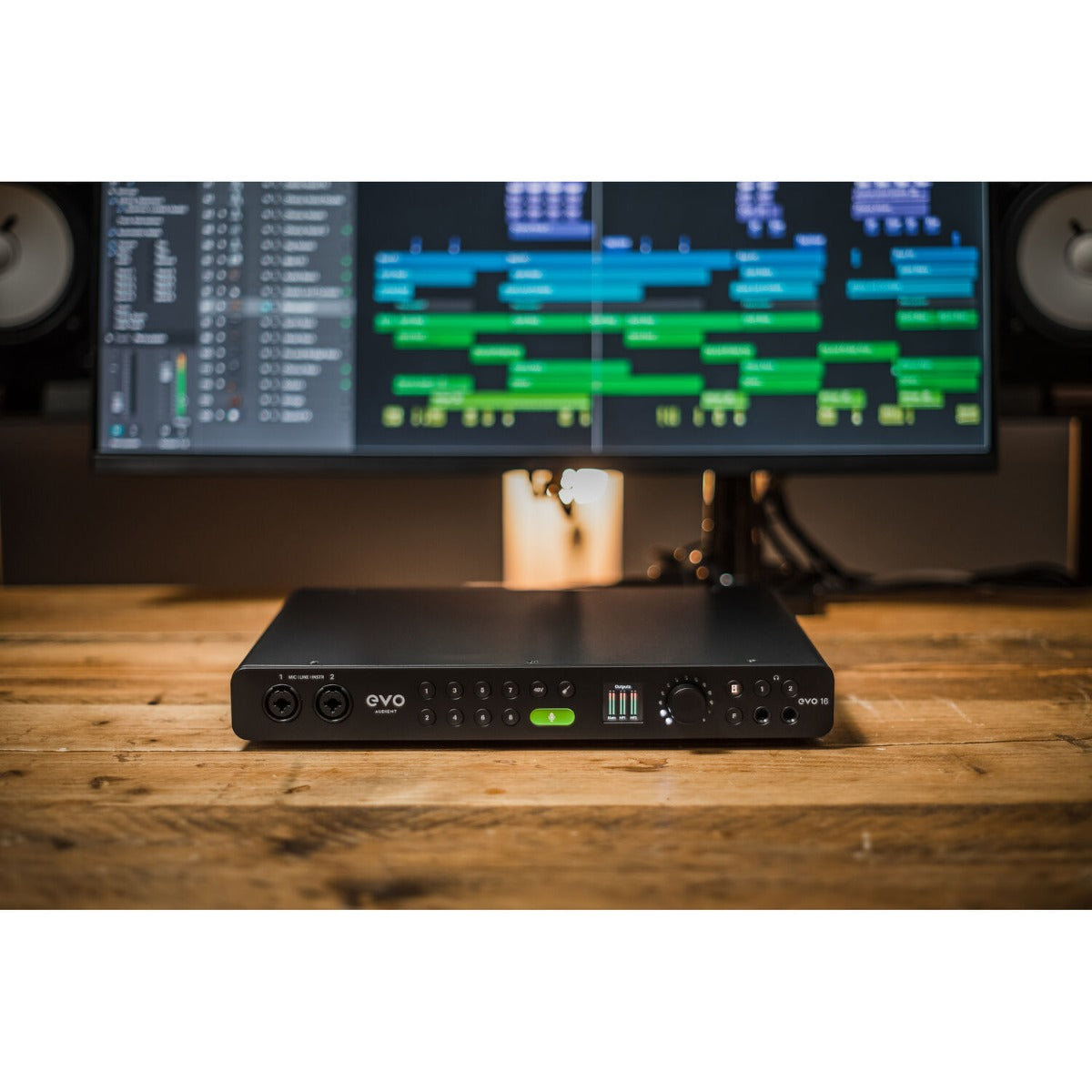 Audient EVO 16 audio interface with multiple input and output ports, compact design, and professional audio controls.