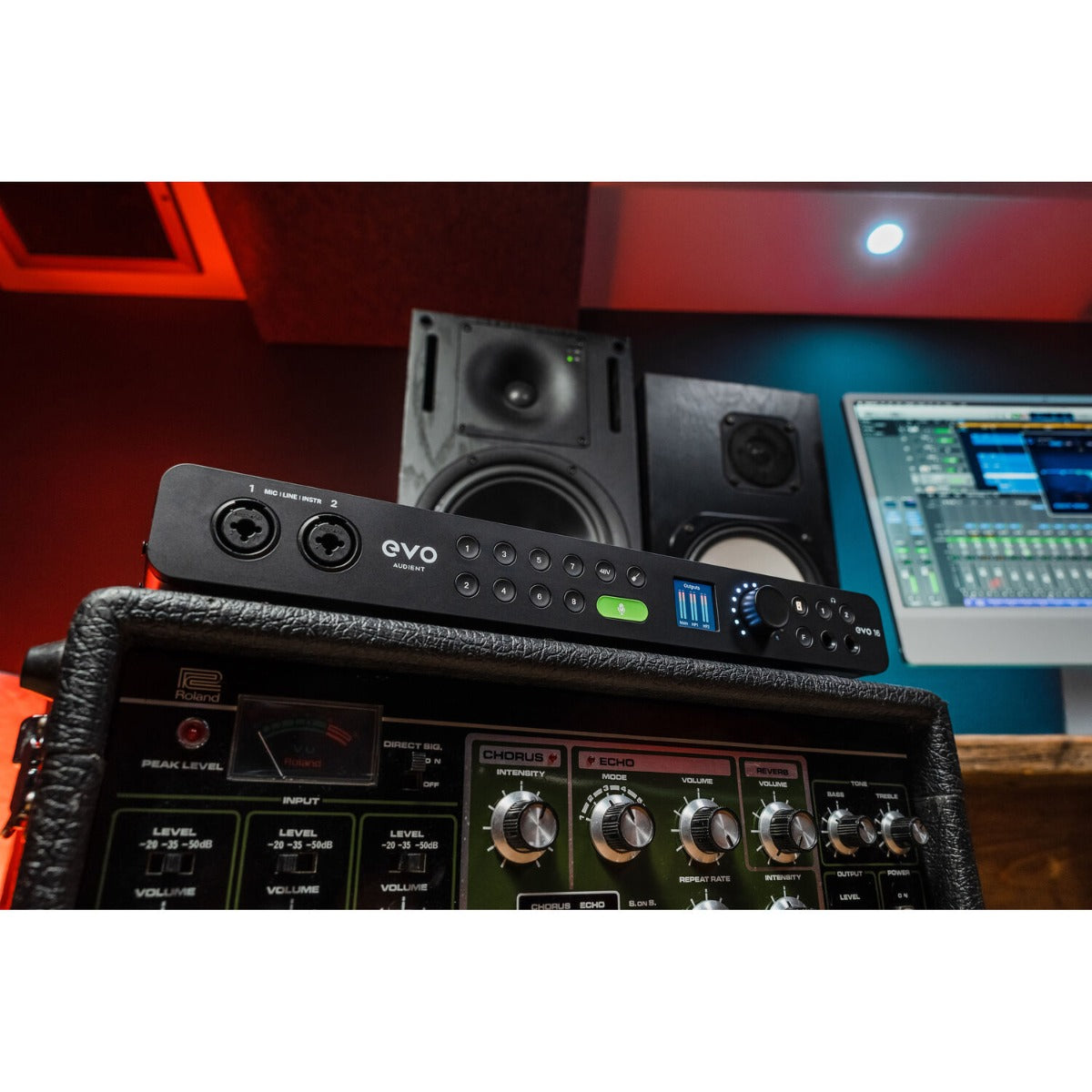 Audient EVO 16 audio interface with multiple input and output ports, featuring sleek design and professional controls.