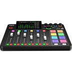 Rode RodeCaster Pro II digital mixer with multiple input channels and control knobs for podcast and audio production.
