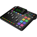 Rode RodeCaster Pro II digital mixer with control knobs, touchscreen display, and multiple input ports for professional audio mixing.