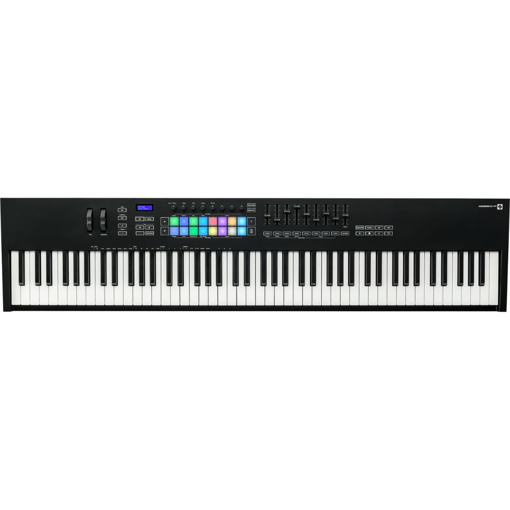 Novation Launchkey 88 midi keyboard with 88 keys, control knobs, and pads for music production and live performance.