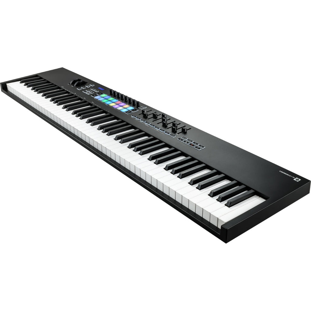 Novation Launchkey 88 MIDI keyboard with 88 keys, control knobs, and pitch/mod wheels for music production.
