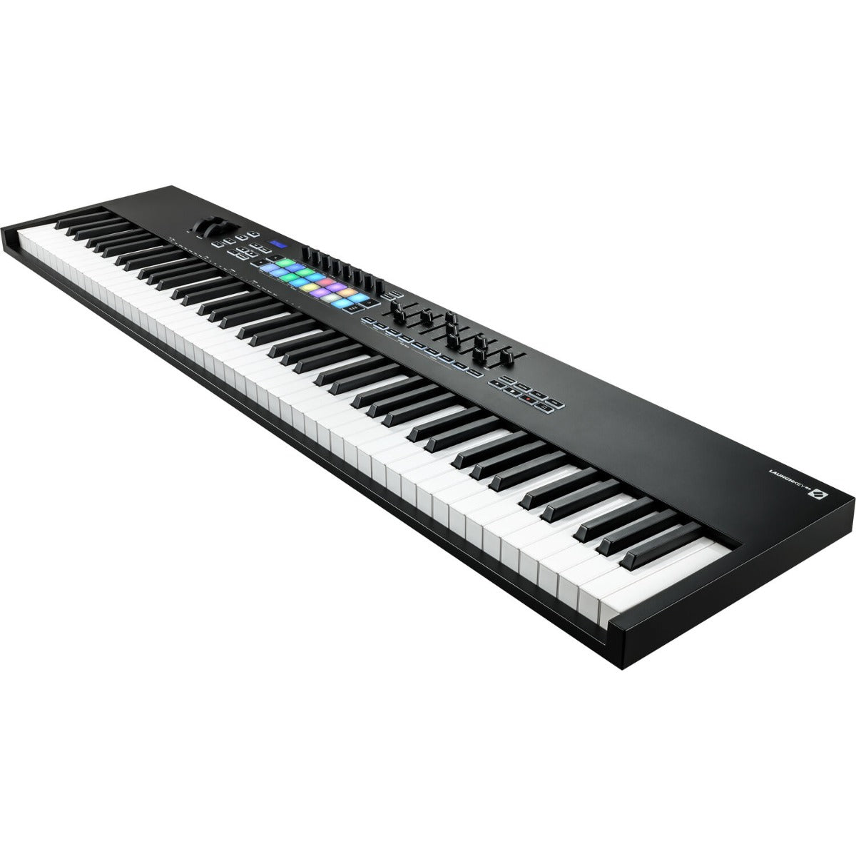 Novation Launchkey 88 MIDI keyboard with 88 keys, control knobs, and pitch/mod wheels for music production.