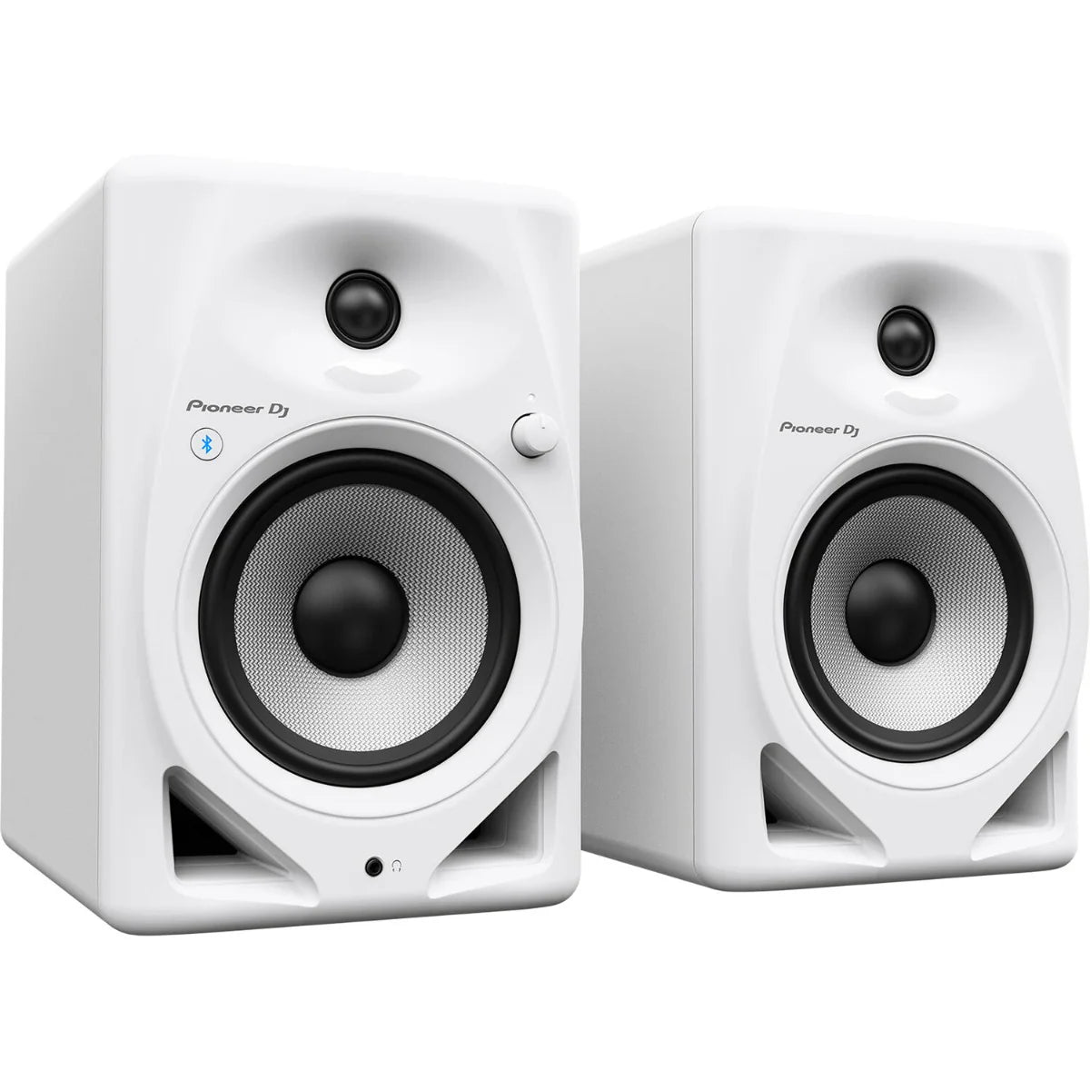 Pioneer DJ DM-50D-BT desktop speakers with black finish, compact design, and control knobs on the front for high-quality audio.