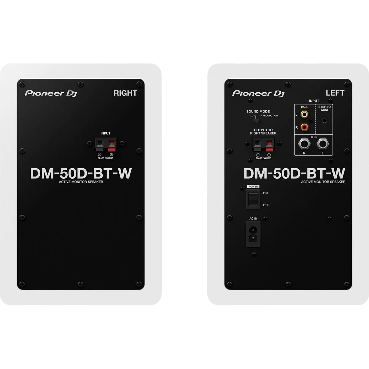 Pioneer DJ DM-50D-BT desktop speakers with black finish, compact design, and control knobs on the front for high-quality audio.