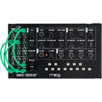 Moog Mavis synthesizer with control knobs and keyboard, showcasing its compact design and electronic interface.