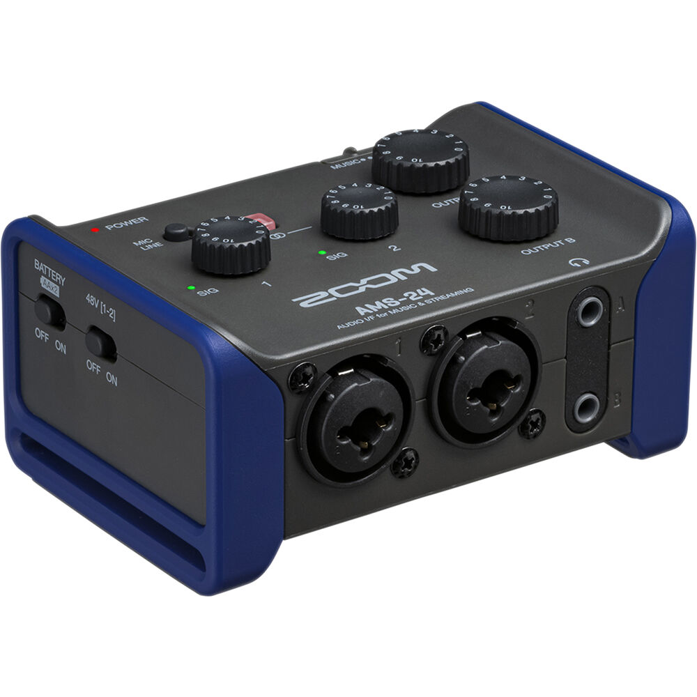 Zoom AMS-24 audio interface with multiple input/output options and a sleek design against a neutral background.
