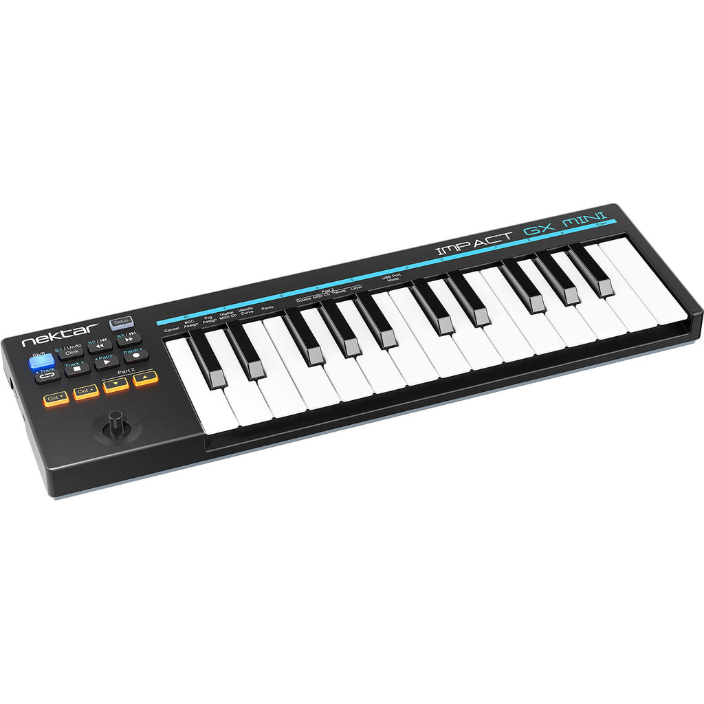 Nektar Impact GX Mini midi keyboard with black keys and control knobs, compact design for music production and performance.