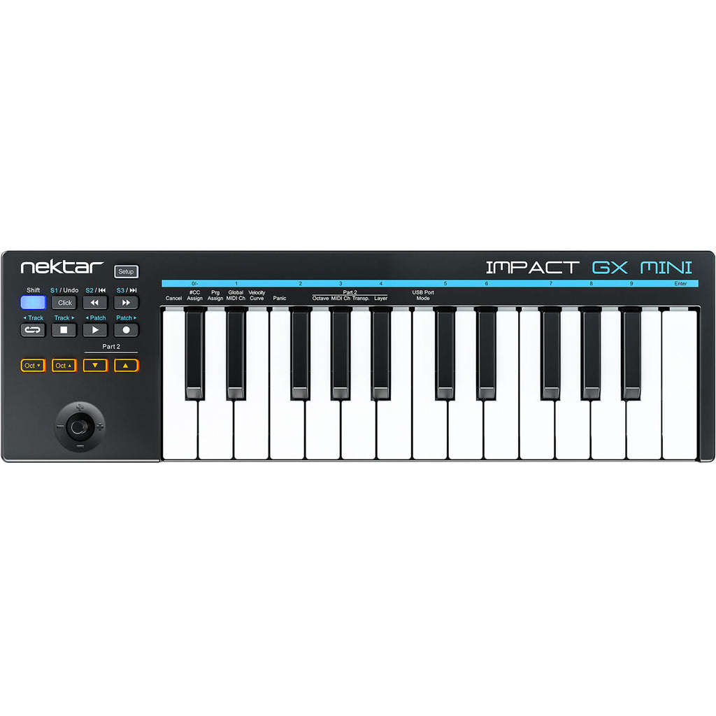 Nektar Impact GX Mini midi keyboard with 25 keys, compact design, and control knobs for music production and performance.