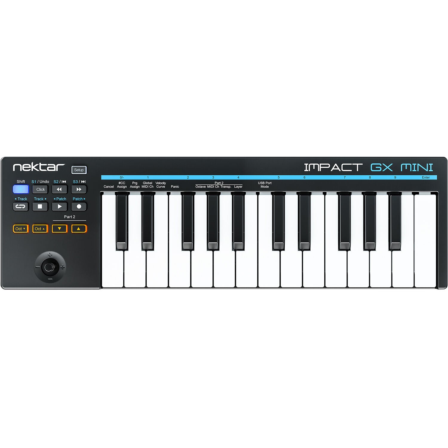 Nektar Impact GX Mini midi keyboard with 25 keys, compact design, and control knobs for music production and performance.