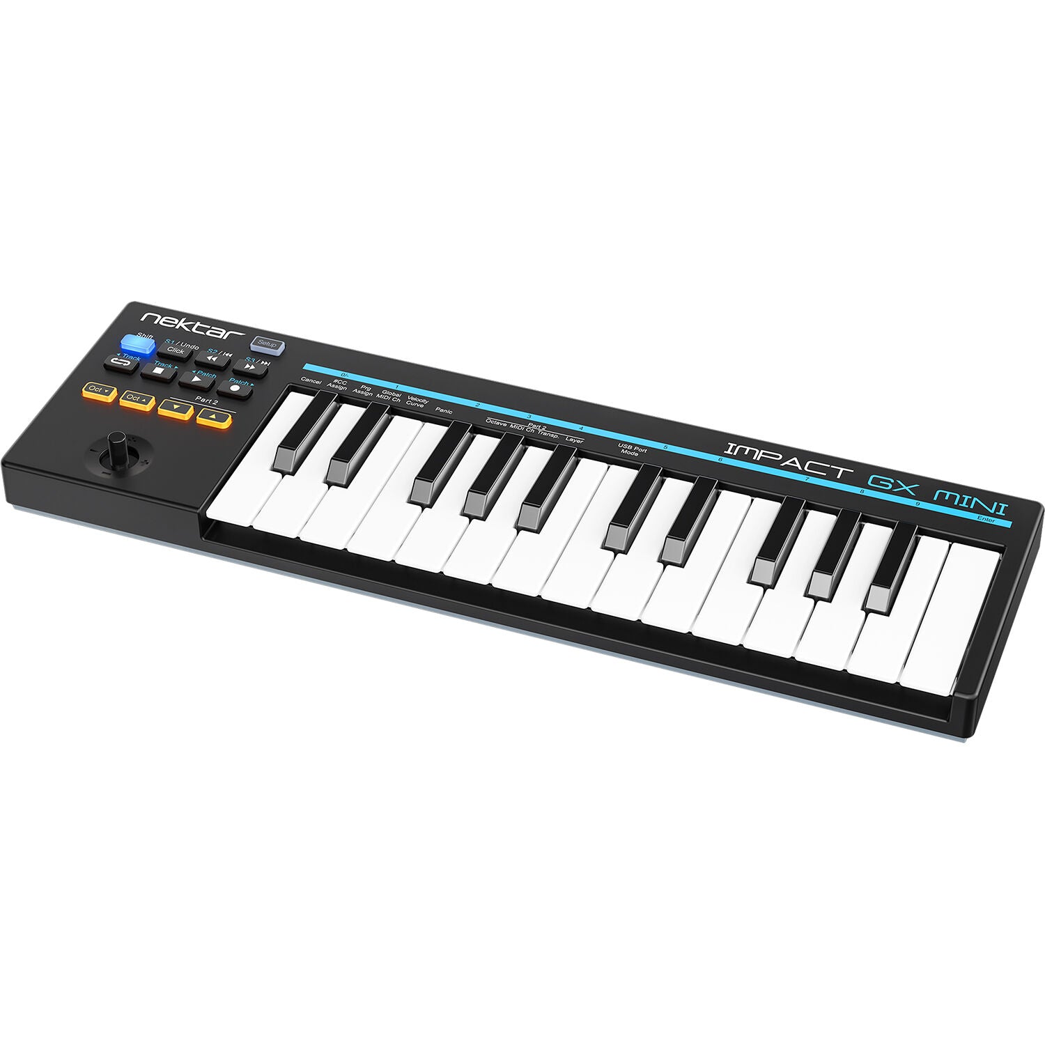 Nektar Impact GX Mini midi keyboard with 25 keys, compact design, and control knobs for music production and performance.