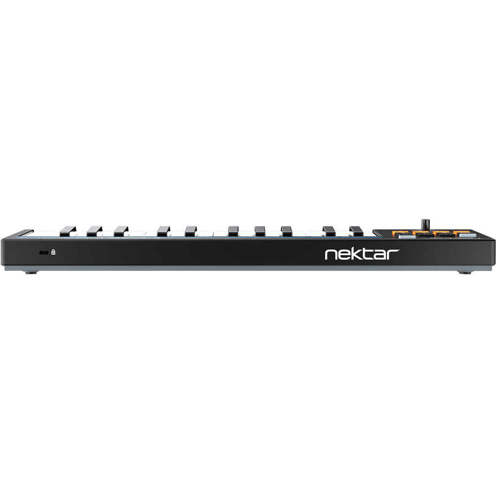 Nektar Impact GX Mini midi keyboard with black keys and compact design, showing control knobs and keyboard keys.