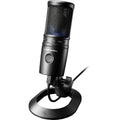 Audio Technica AT 2020 USB-X microphone, a professional USB condenser microphone with a sleek black design for clear audio recording.