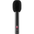 Austrian Audio CC8 condenser microphone with a black body and silver grille, positioned on a stand against a dark background.