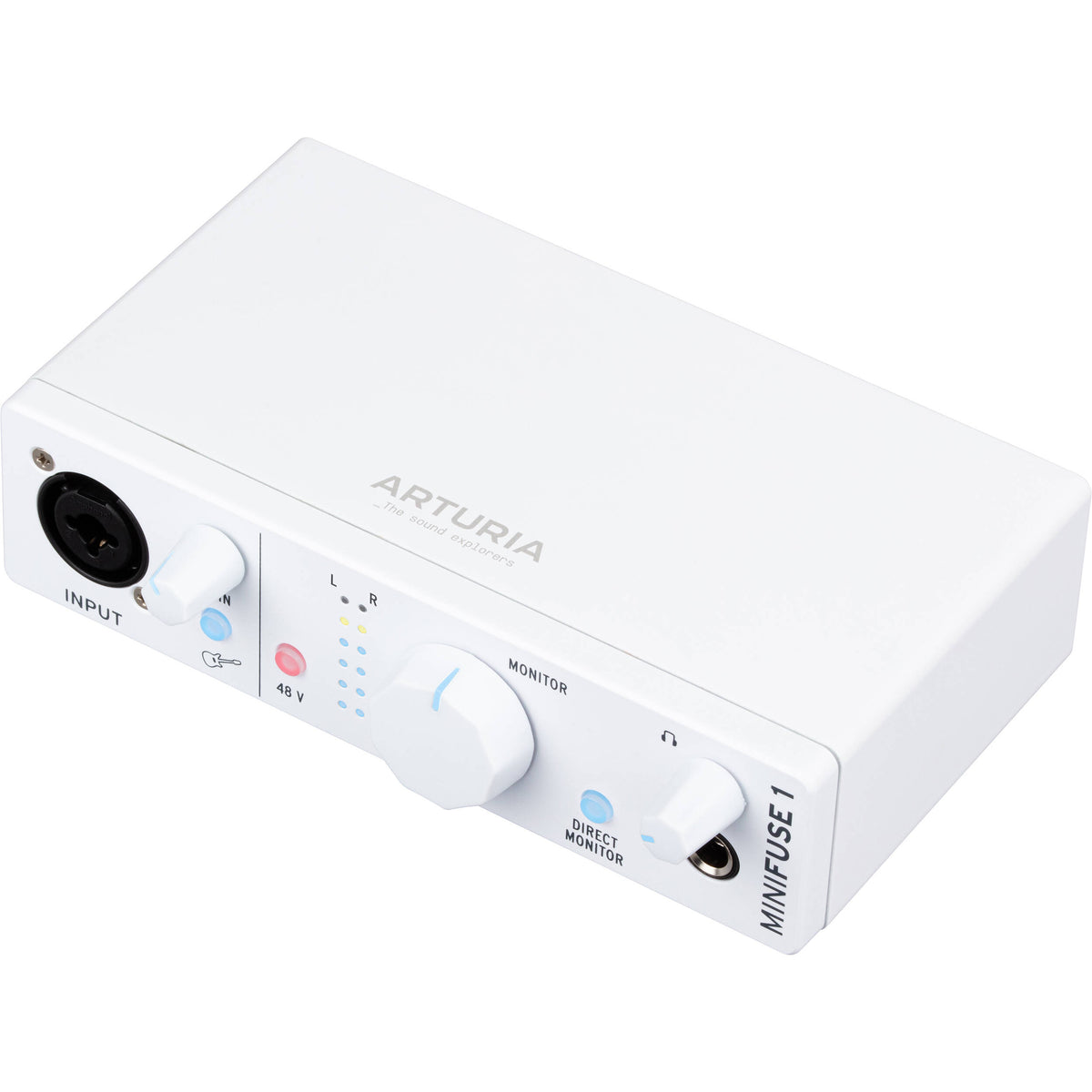 Arturia MiniFuse 1 audio interface with compact design, featuring input and output ports for music recording and production.