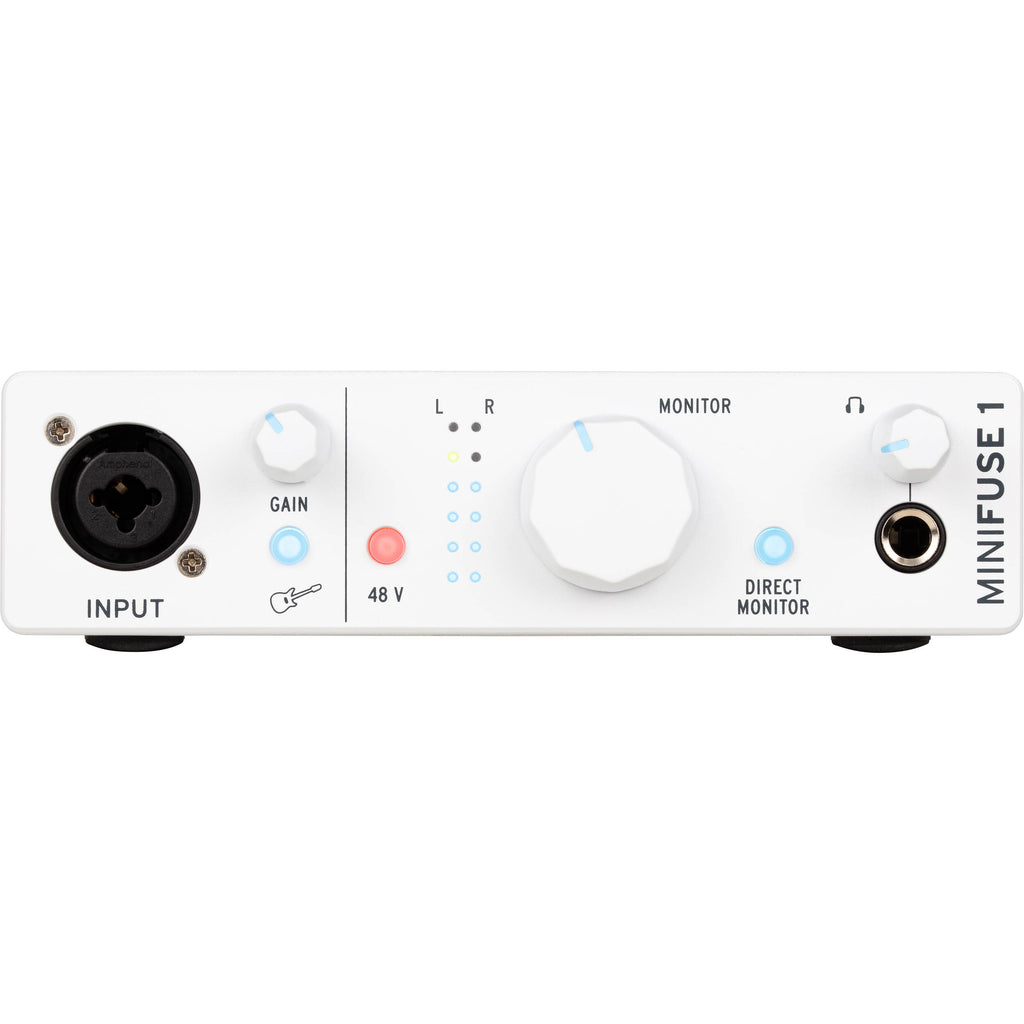 Arturia MiniFuse 1 audio interface showing front panel with input and output ports, compact design in black.