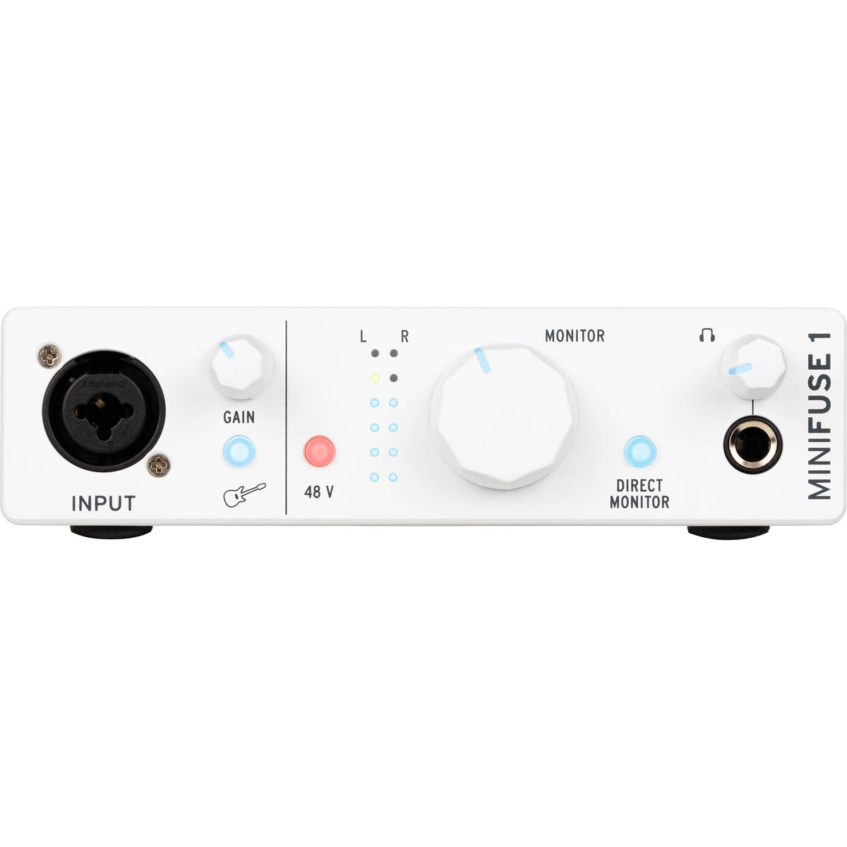 Arturia MiniFuse 1 audio interface showing front panel with input and output ports, compact design in black.