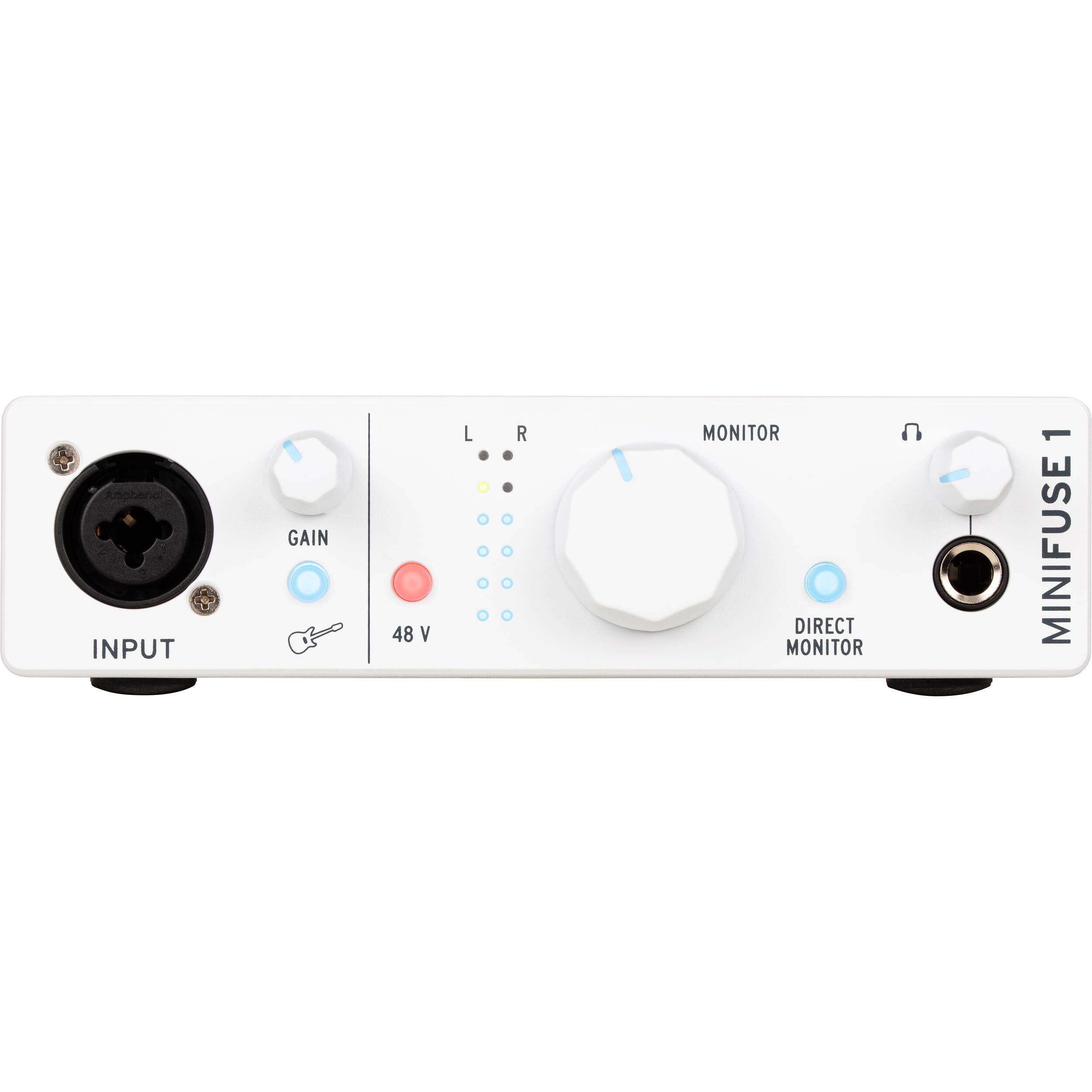 Arturia MiniFuse 1 audio interface showing front panel with input and output ports, compact design in black.