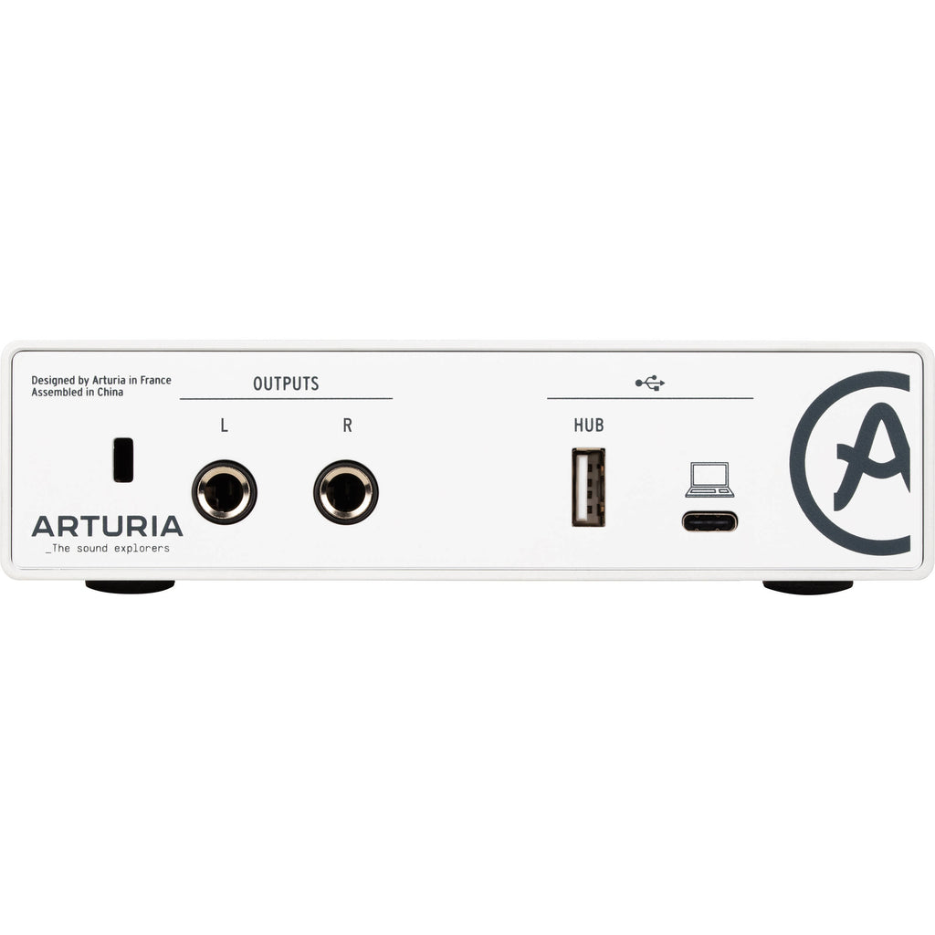 Arturia MiniFuse 1 audio interface with input and output ports, compact design, and control knobs for music production.